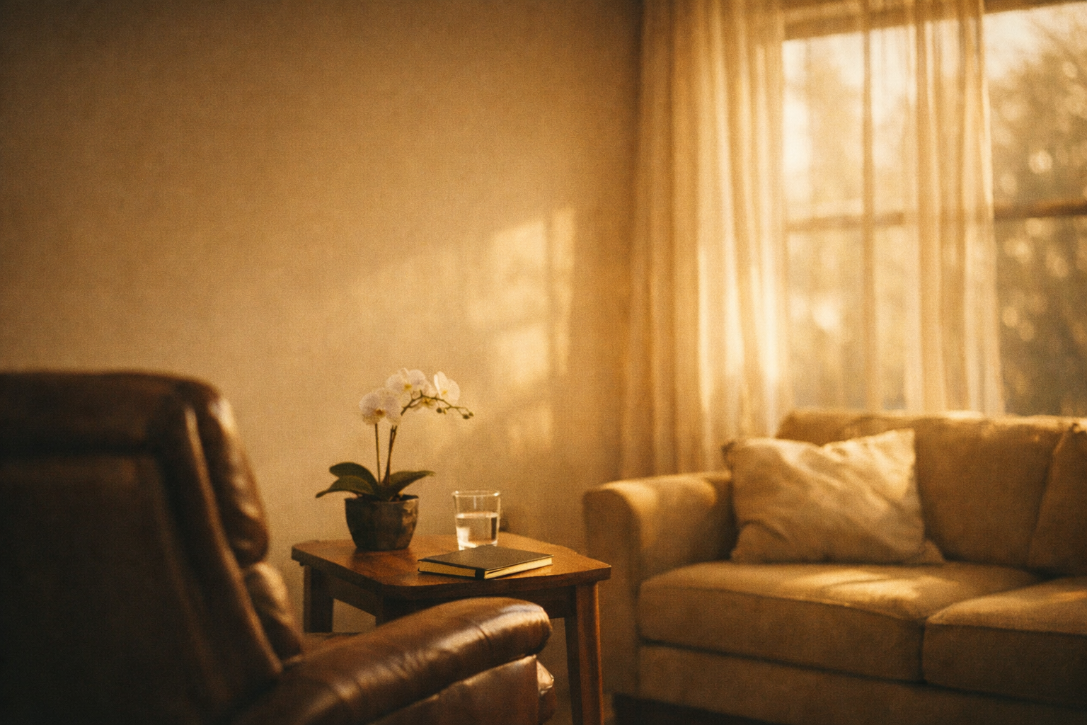 Peaceful hypnotherapy session, calm light, human connection